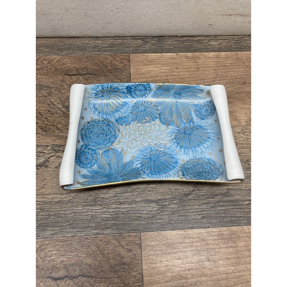 VTG Blue Lotus Kutani Scroll Dish Gold Detail Great Vanity Tray Japan Sticker